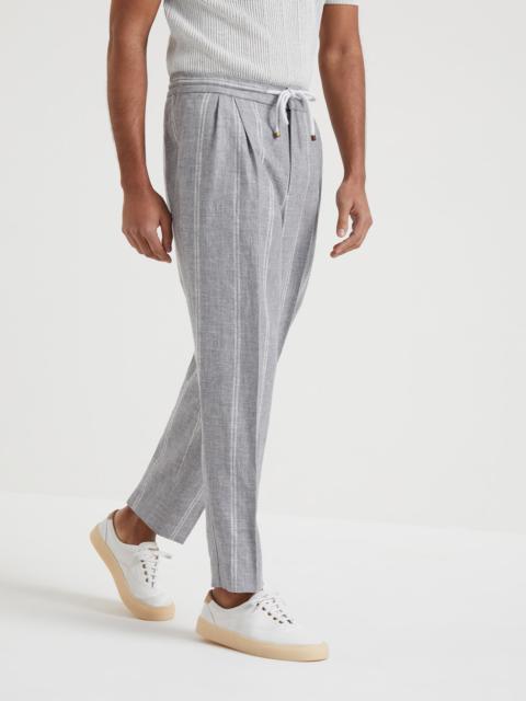 Brunello Cucinelli Linen, wool and silk double chalk stripe leisure fit trousers with drawstring and double pleats