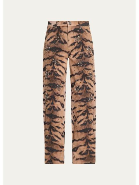 KOBI HALPERIN Kaeli Crystal Tiger-Print Denim Pants