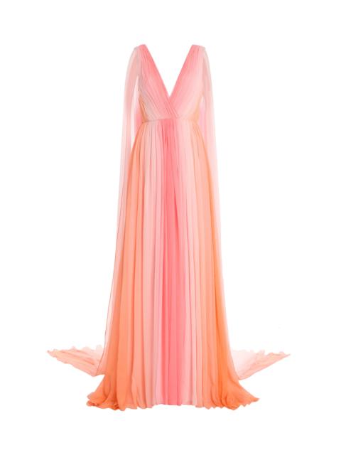 Monique Lhuillier V-Neck Silk Pleated Gown With Streamers multi