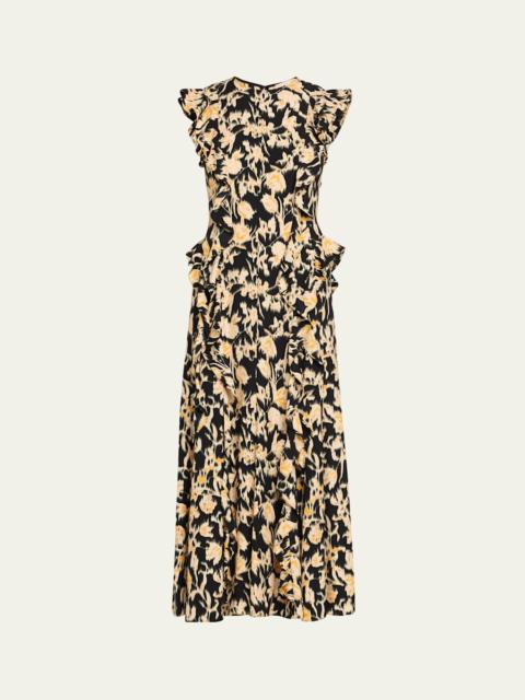 ULLA JOHNSON Flo Floral Flutter-Sleeve Midi Dress