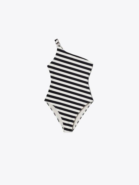 TORY BURCH One Shoulder Striped Swimsuit