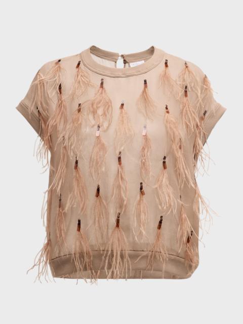 Light Weight Wool Blouse with Feather and Sequin Details