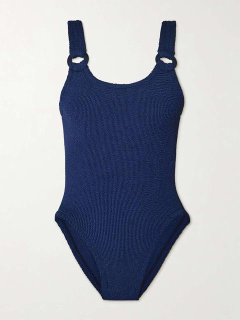 Domino embellished metallic seersucker swimsuit Navy