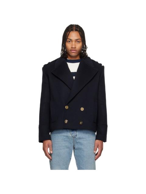 Balmain Navy Cropped Wool Reefer Jacket