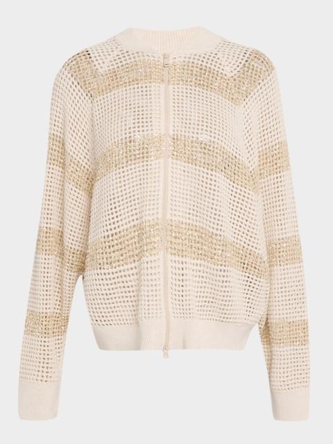 Brunello Cucinelli Dazzling Striped Cotton Net Bomber Cardigan