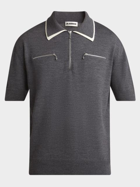 Jil Sander Men's Contrast-Collar Wool Quarter-Zip Polo Shirt