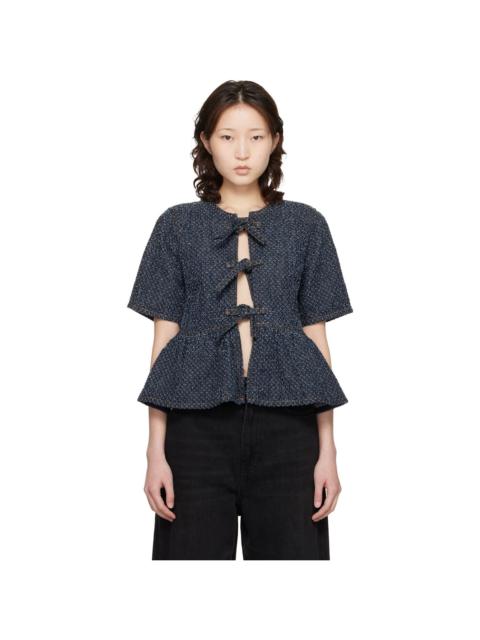 GANNI Blue Tweed Denim Peplum Blouse