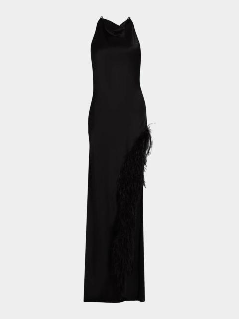 LAPOINTE Cowl Satin Ostrich Feather Gown