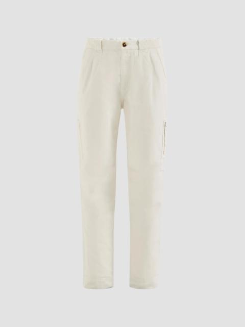 Brunello Cucinelli Men's Peached Cotton Gabardine Trousers with Zipped Pocket - White
