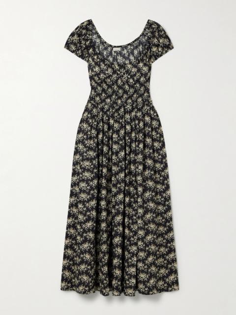 DÔEN Quinley shirred floral-print organic cotton-voile midi dress Black