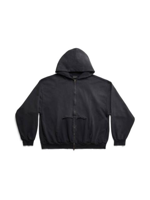 Tape Type Ripped Pocket Zip-up Hoodie Large Fit in Black Faded