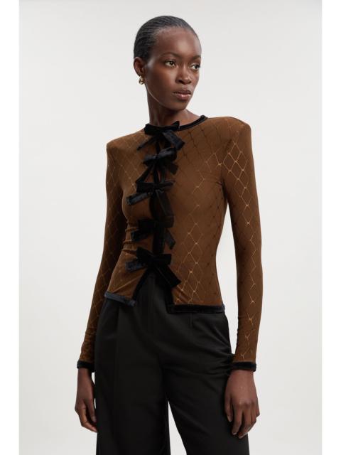 KAREN MILLEN Mesh With Velvet Bow Trim Detail Crew Neck Long Sleeve Top