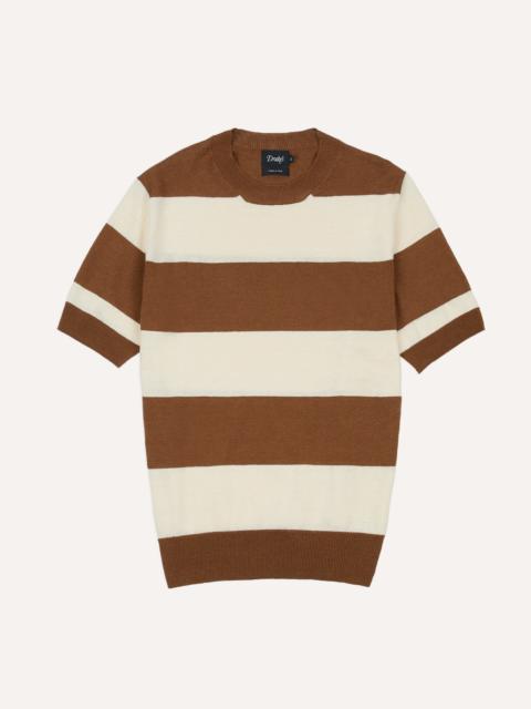 Drake's Ecru and Tobacco Stripe Crew Neck Knitted T-Shirt