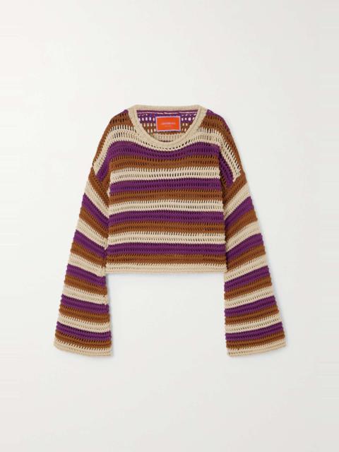 Cropped striped crocheted cotton-blend sweater