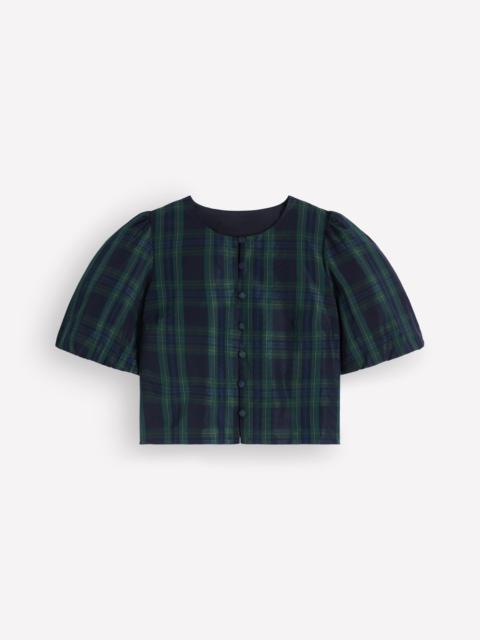 BODEN Puff Sleeve Taffeta Top-Navy, Green, Blue Tonal Check