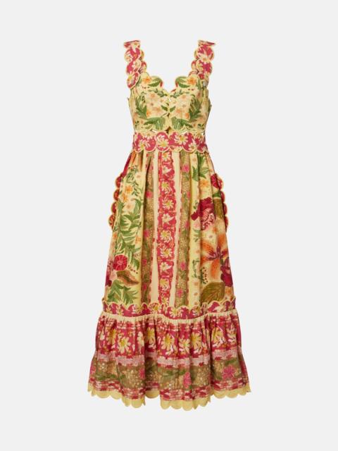 FARM RIO Stitched Garden floral linen-blend midi dress