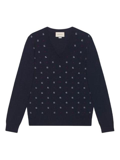 GUCCI Gucci Jacquard-Motif V-Neck Jumper 'Navy' 545628XKABL