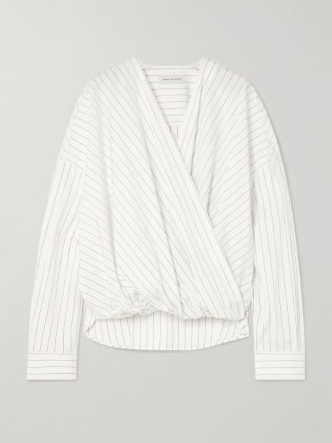 Dries Van Noten Oversized wrap-effect pinstriped cotton-poplin blouse White