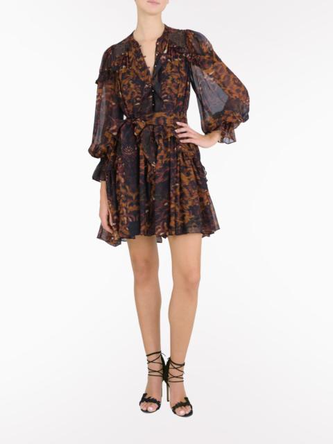 BRAIDED LEOPARD FLOUNCED SILK CHIFFON MINI DRESS
