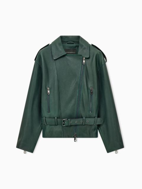 EMPORIO ARMANI BELTED LEATHER BIKER JACKET WITH AN ASYMMETRICAL ZIP