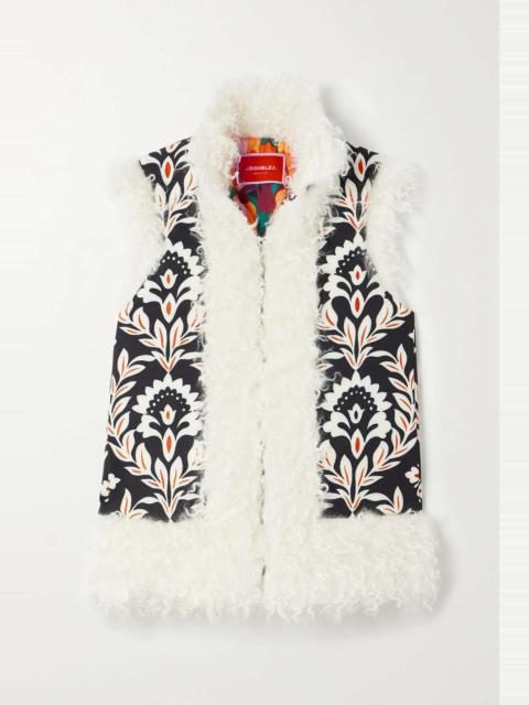 Folk faux shearling-trimmed  padded floral-print crepe vest