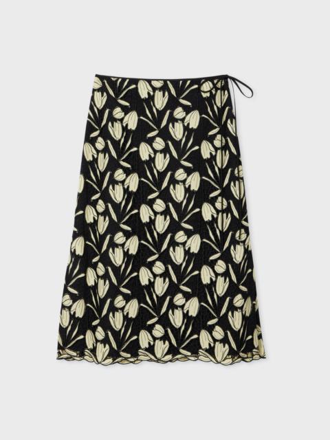 Women's Black Embroidered Floral Print Midi Skirt