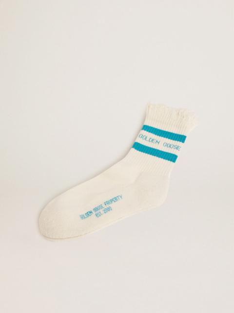 Golden Goose Distressed-finish white socks with turquoise logo and stripes