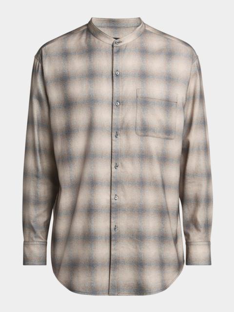 GIORGIO ARMANI Men's Faded Plaid Cotton and Lyocell Nehru-Collar Sport Shirt