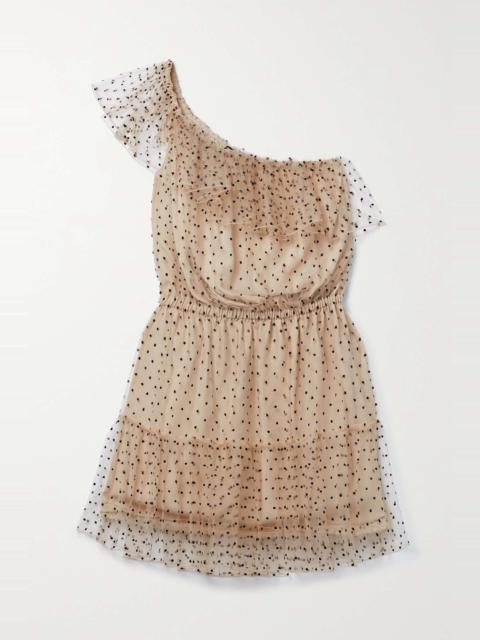 GUCCI One-shoulder ruffle-trimmed point d'esprit and crepe de chine mini dress