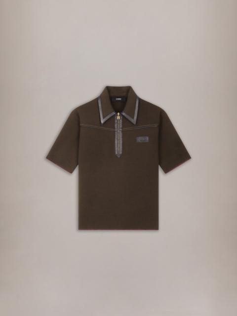 AMIRI LEATHER TRIM KNIT ZIPPED POLO