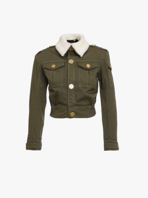 Balmain Cropped khaki denim jacket with white faux shearling collar