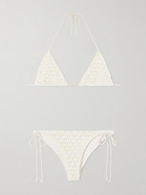 SARA CRISTINA Pearl crocheted cotton triangle bikini Ecru