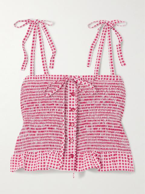 LORETTA CAPONI Shirred Checked Cotton-poplin Top