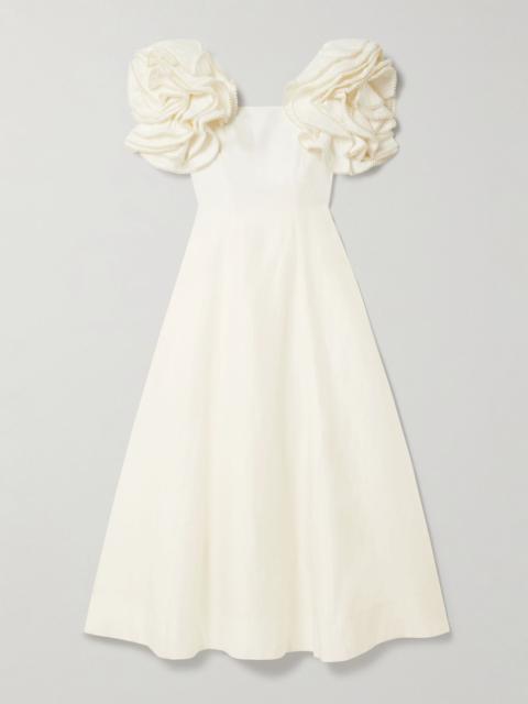 Aje. Twyla ruffled faux pearl-embellished crepe midi dress Ivory