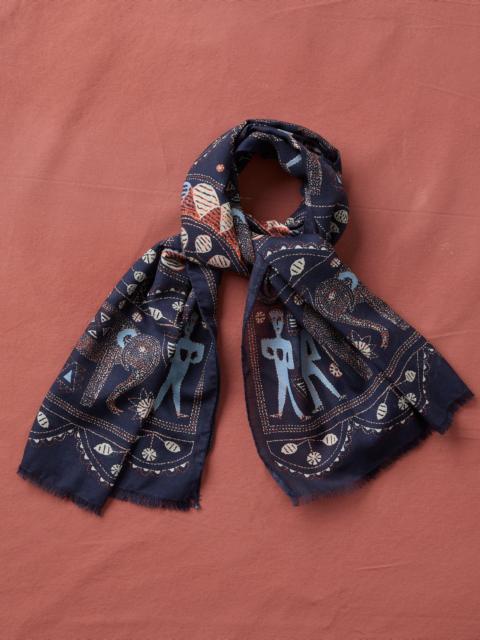 Drake's Navy Embroidered Elephant Print Wool Silk Scarf
