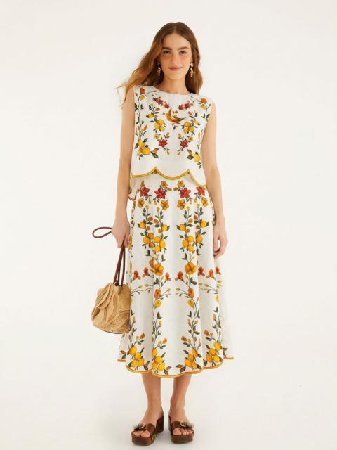 FARM RIO Lemon Bouquet Off-White Midi Skirt