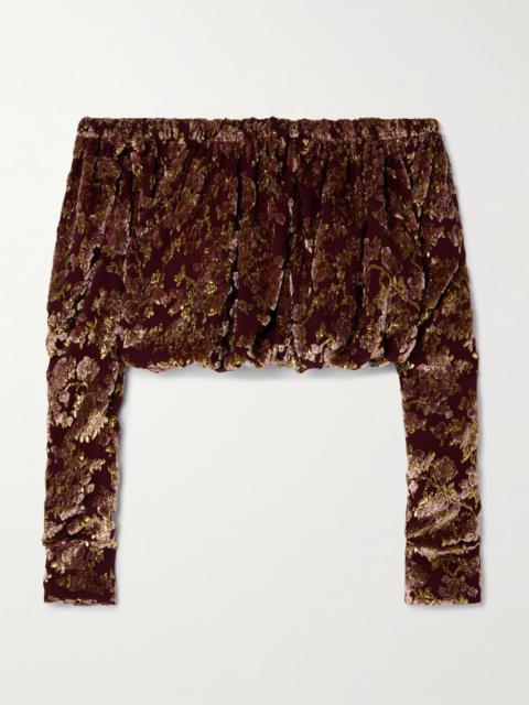 SAINT LAURENT Off-the-shoulder ruched metallic devoré-velvet top Burgundy