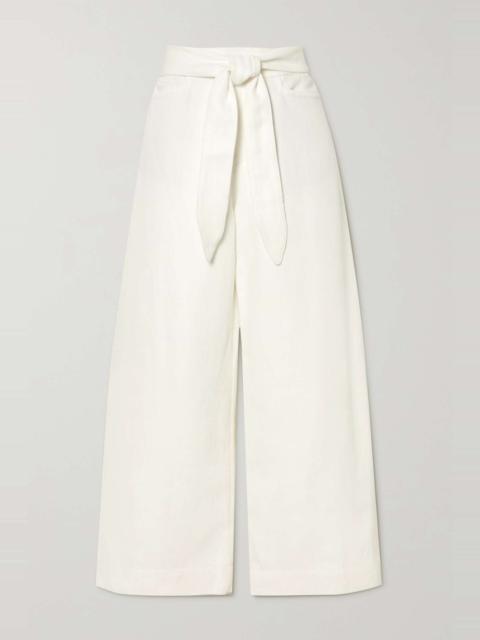 Belted cotton and linen-blend twill wide-leg pants