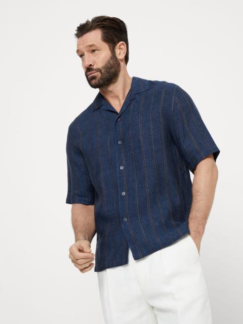 Textured stripe linen short sleeve easy fit shirt with camp collar
