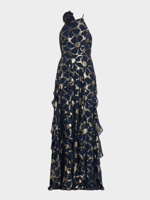 RAMY BROOK Idella Ruffle-Trim Metallic Floral Halter Gown