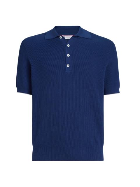 Brunello Cucinelli Men's Cotton Half English Rib Knit Polo Shirt - Avio Blue