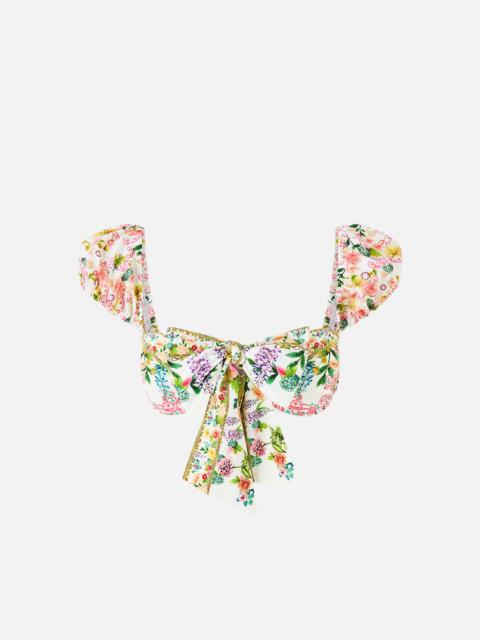 CAMILLA TIE FRONT UNDERWIRE BIKINI TOP WITH PUFF SLEEVE