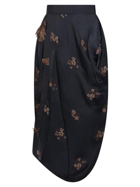 UMA WANG GINK FLORAL EMBROID ASYMMETRIC MIDI SKIRT | BLACK/TAN