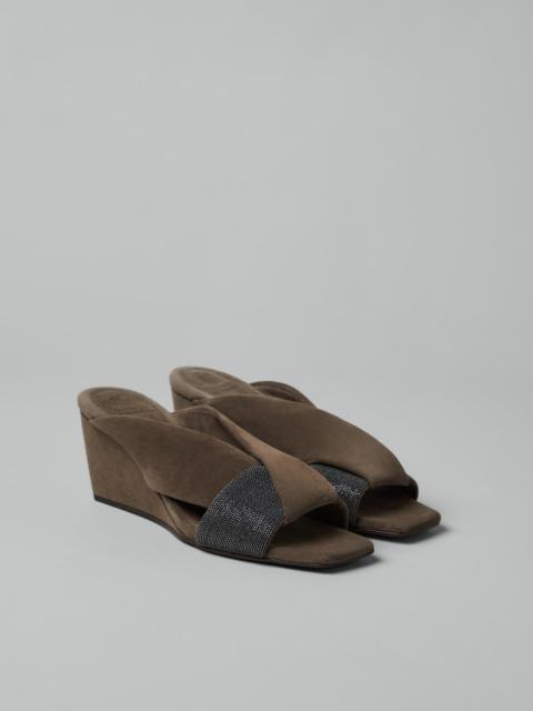 Brunello Cucinelli Suede wedge mules with precious straps