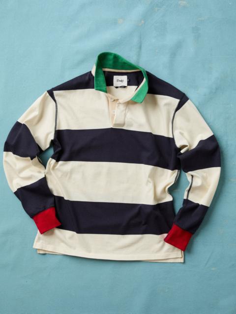 Drake's White and Navy Block Stripe Cotton Rugby Shirt