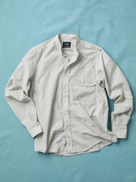 Drake's White and Navy Stripe Cotton Mandarin Collar Shirt