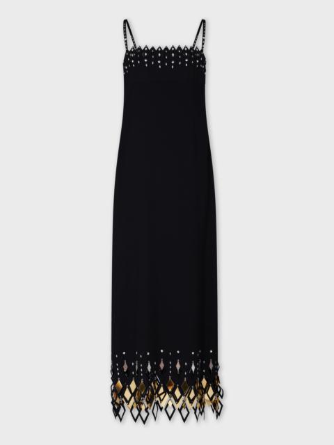 rabanne BLACK CREPE LONG DRESS WITH DIAMOND-SHAPED ASSEMBLY