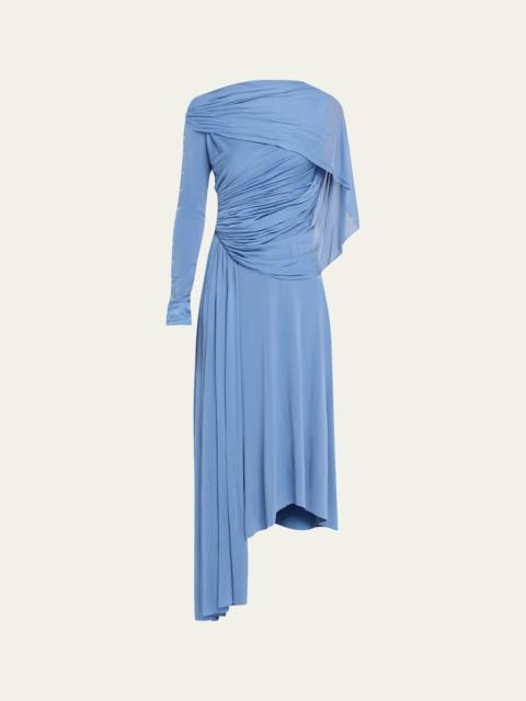 Lanvin Asymmetric Draped Jersey Button-Sleeve Midi Dress