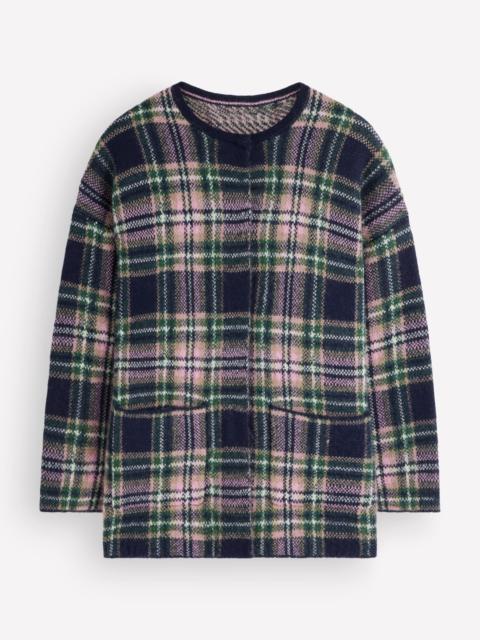 BODEN Fluffy Jacquard Cardigan-Navy, Green and Pink Check