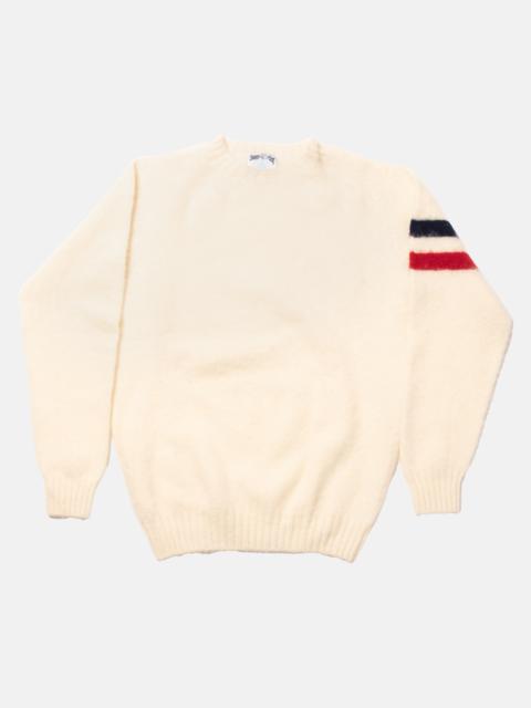 J. PRESS MADE-IN-SCOTLAND WHITE SLEEVE STRIPE SHAGGY DOG SWEATER  - TRIM FIT